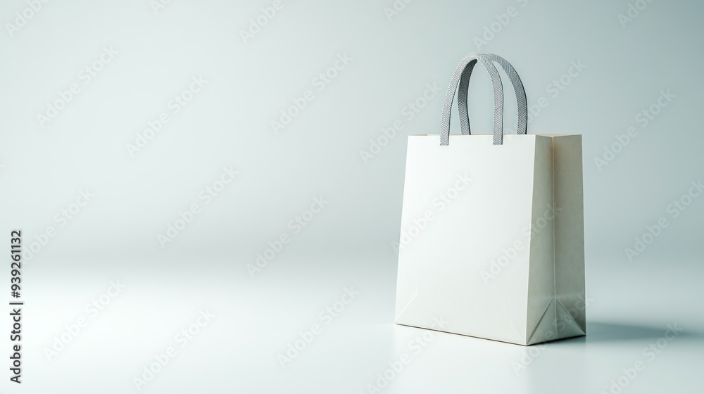 A simple white shopping bag sits alone on a smooth surface, showcasing its elegant design A simple white shopping bag sits alone on a smooth surface, showcasing its elegant design