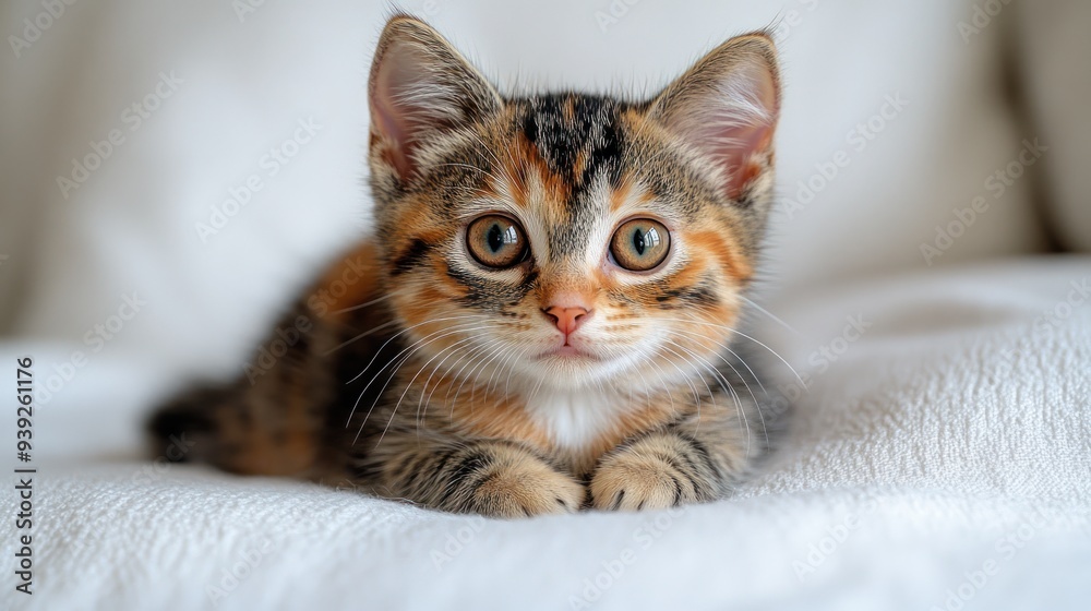 Fototapeta premium A playful calico kitten gazes curiously while resting on a soft surface