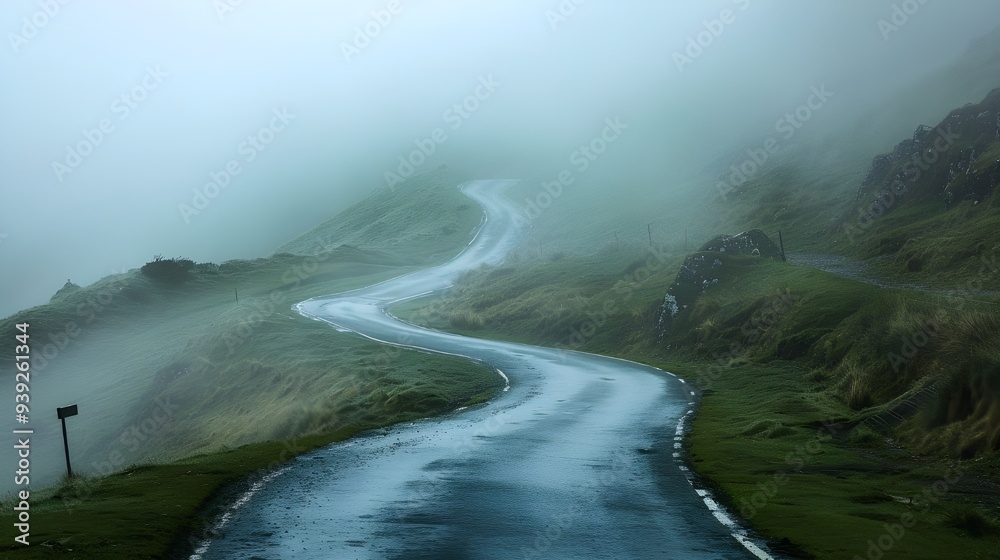 bleak, winding road through misted countryside, barren bleak, winding road through misted countryside, barren