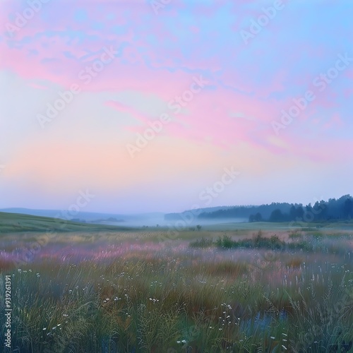 Serene dawn landscape with warm hues, wildflowers, and misty fields under a pastel sky. Peaceful, nature-inspired beauty.