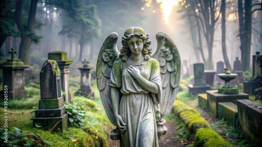 Weathered white marble gravestone with intricate carved angel figurine and faded inscriptions standing upright in a serene, misty, and moss-covered cemetery landscape. Weathered white marble gravestone with intricate carved angel figurine and faded inscriptions standing upright in a serene, misty, and moss-covered cemetery landscape.