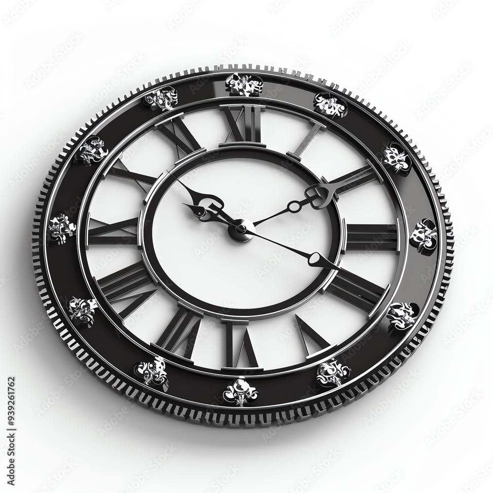 Fototapeta premium Large ornate wall clock with Roman numerals and decorative elements on a white background, showcasing classic timeless design.