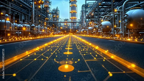 A night view showcasing an industrial facility with glowing pipelines and illuminated walkways, highlighting engineering and technology.