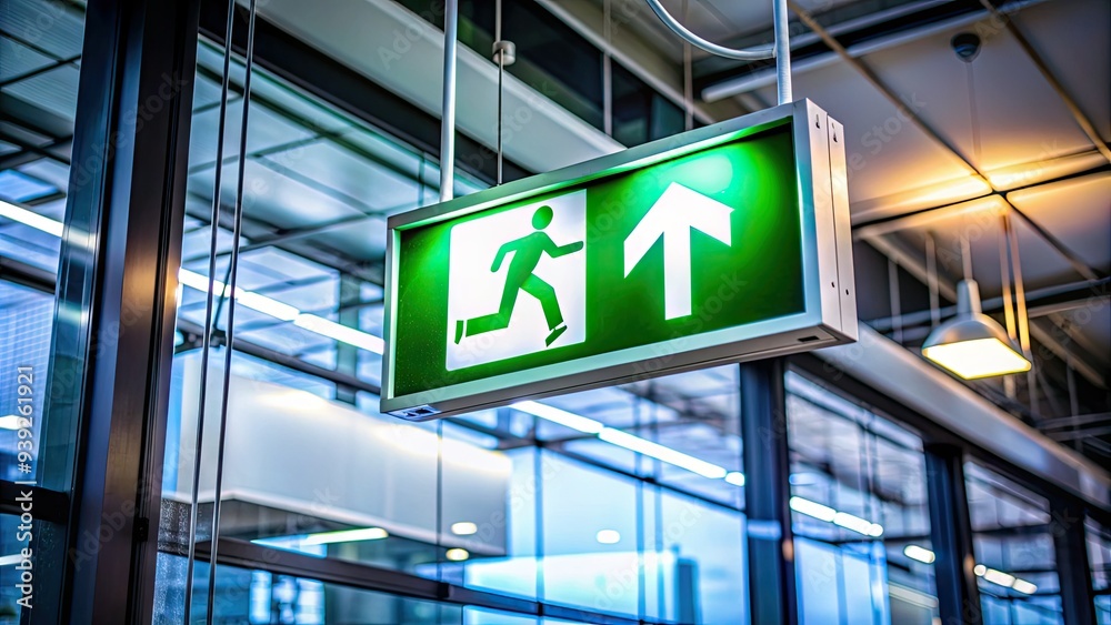 Well-lit illuminated signage indicating emergency exit routes in a modern office building, guiding occupants to safety during unexpected situations or evacuations. Well-lit illuminated signage indicating emergency exit routes in a modern office building, guiding occupants to safety during unexpected situations or evacuations.