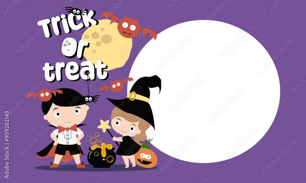Halloween banner with girl and boy in carnival dracula and witch for halloween party. Vector invitation for Halloween Halloween banner with girl and boy in carnival dracula and witch for halloween party. Vector invitation for Halloween