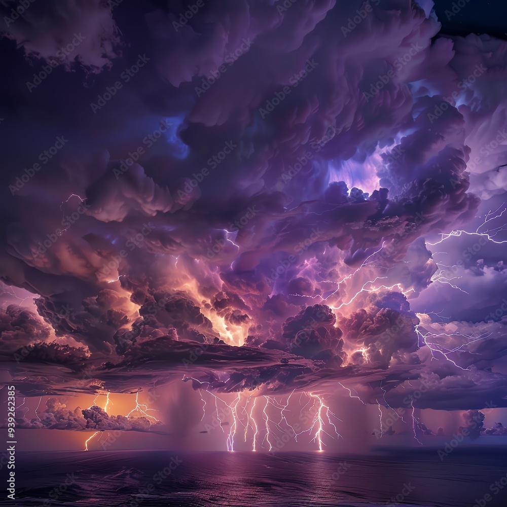 Dramatic thunderstorm over the ocean with lightning illuminating the night sky, showcasing nature's raw power and beauty. Dramatic thunderstorm over the ocean with lightning illuminating the night sky, showcasing nature's raw power and beauty.