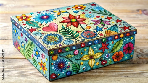 Whimsical hand-drawn box with colorful patterns, doodles, and textures, adorned with tiny stars, flowers, and leaves, evoking a sense of playful creativity and imagination.