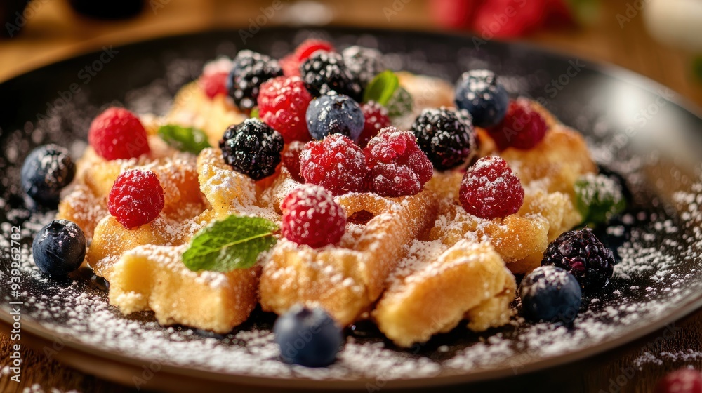 Delicious waffles with fresh berries, powdered sugar, and a sprig of mint on a black plate. Delicious waffles with fresh berries, powdered sugar, and a sprig of mint on a black plate.