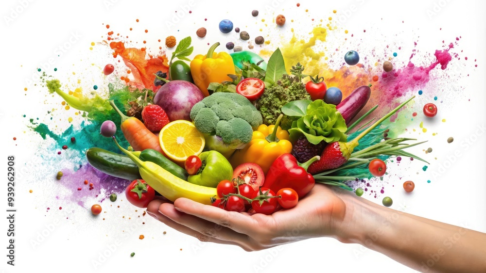 Whimsical illustration of a hand holding a colorful assortment of fresh fruits and vegetables, surrounded by playful splatters and textures, on a white background. Whimsical illustration of a hand holding a colorful assortment of fresh fruits and vegetables, surrounded by playful splatters and textures, on a white background.