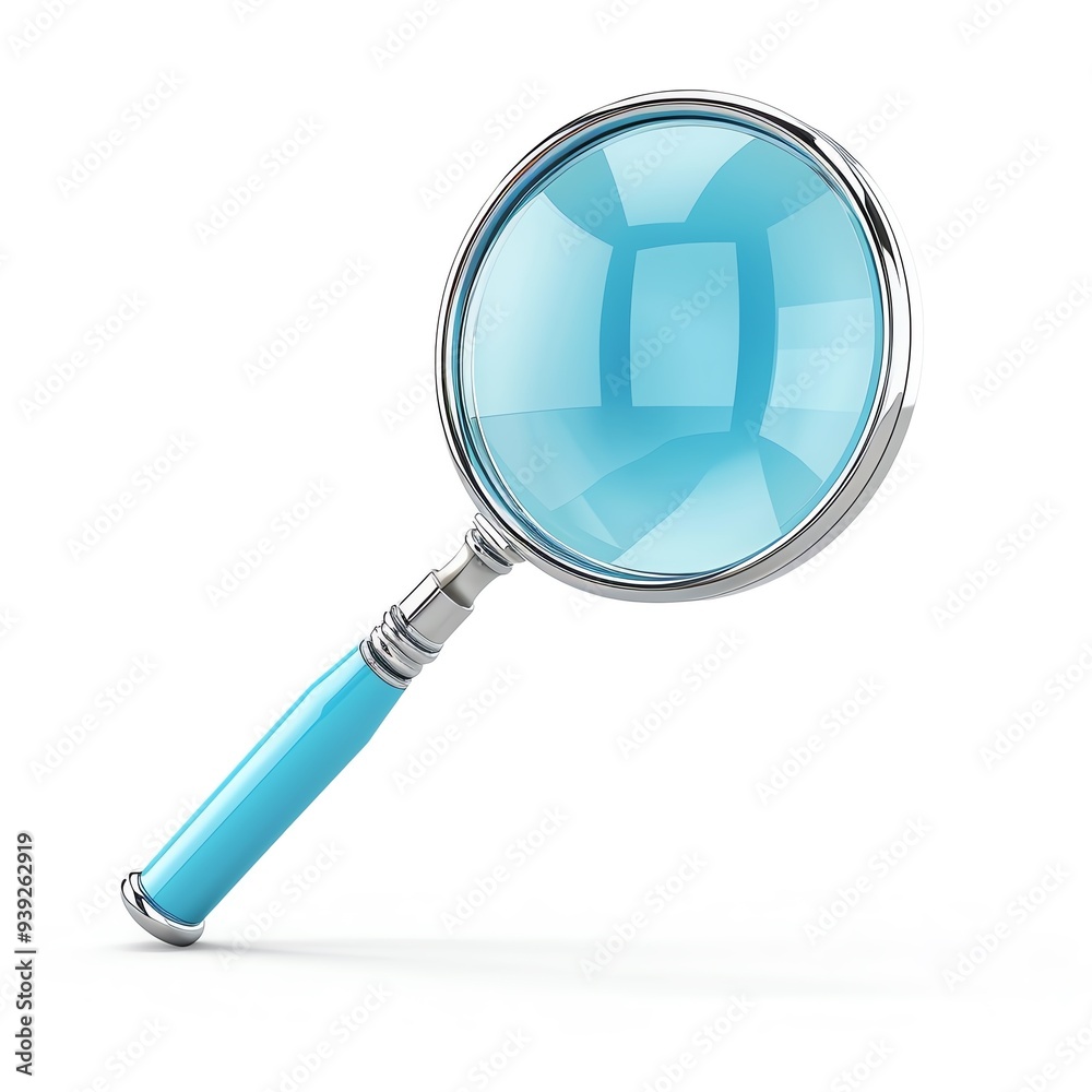 Close-up of a blue magnifying glass with silver handle, isolated on white background. Perfect for illustrating search and discovery concepts. Close-up of a blue magnifying glass with silver handle, isolated on white background. Perfect for illustrating search and discovery concepts.