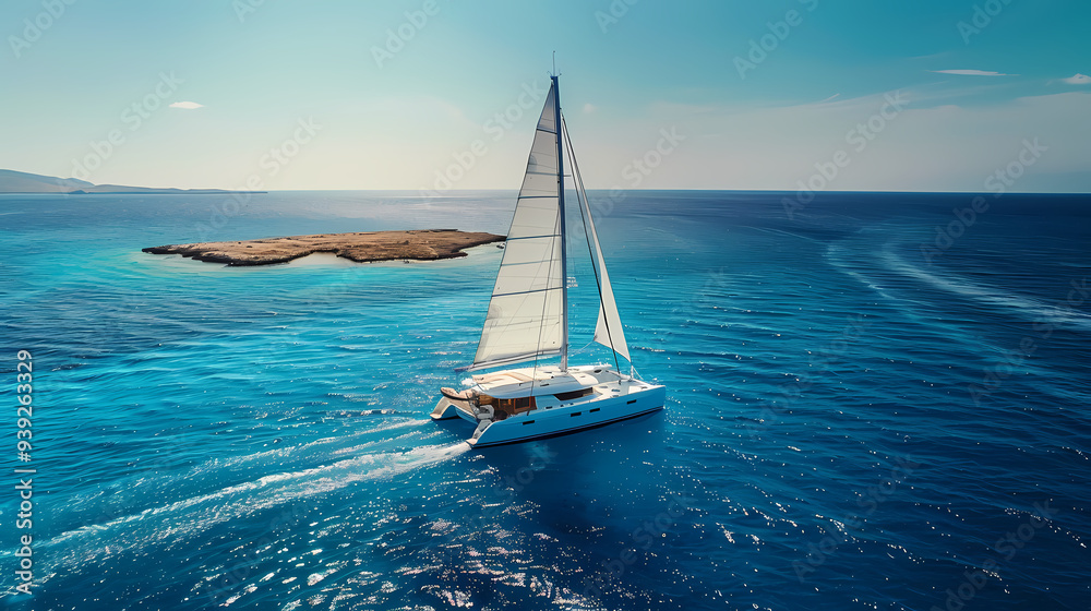 Naklejka premium Drone viwe Yacht catamaran sailing on the sea with clear blue sky