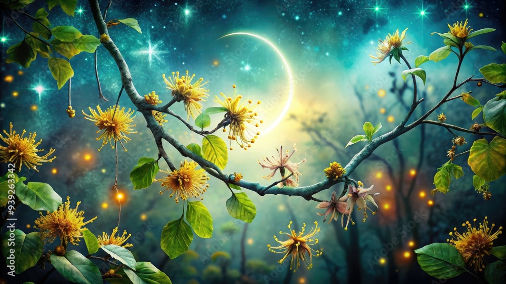 Obraz premium Whimsical illustration of witch hazel flowers and leaves surrounded by mystical aura, twinkling stars, and crescent moon, evoking enchanting magical forest ambiance.