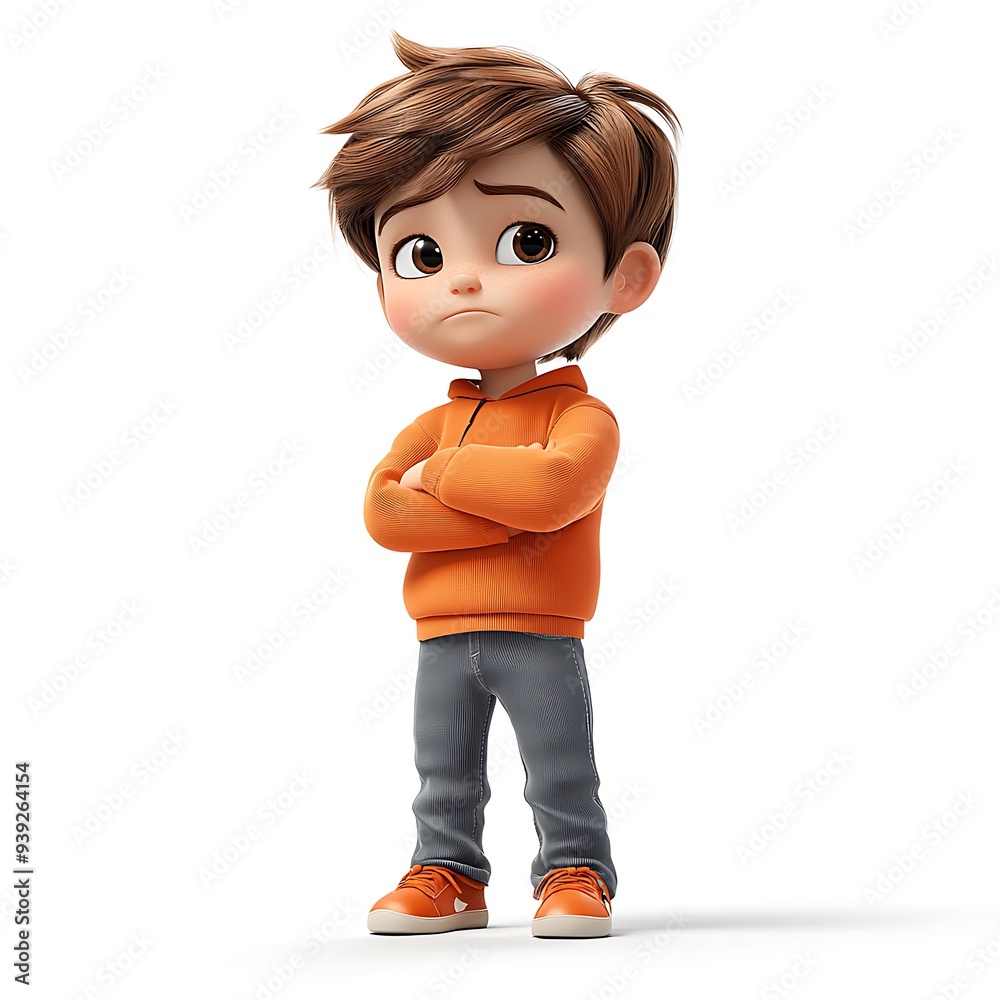 A cartoon child standing with arms crossed, looking thoughtful, A cartoon child standing with arms crossed, looking thoughtful,