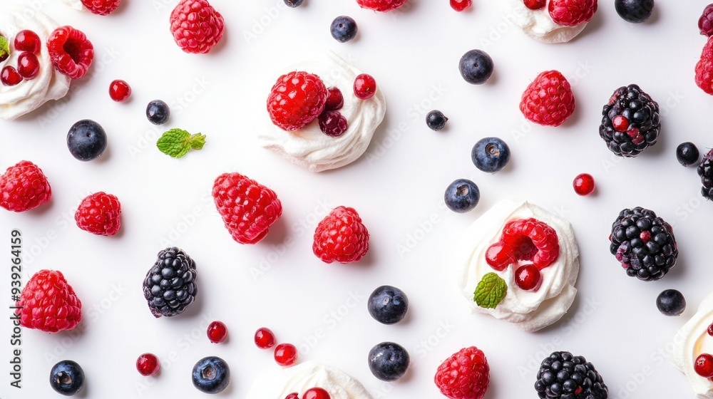 A white background with various berries and mini meringue nests arranged in a pattern. A white background with various berries and mini meringue nests arranged in a pattern.