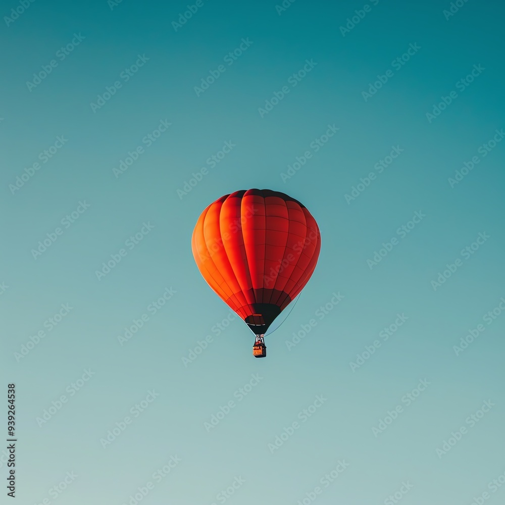 Fototapeta premium A vibrant red hot air balloon floating in the clear blue sky, symbolizing freedom and adventure.
