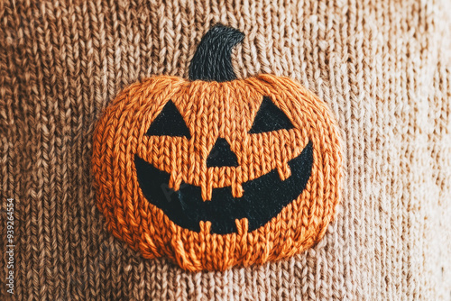 Jack o lantern on sweater, close up, halloween concept photo