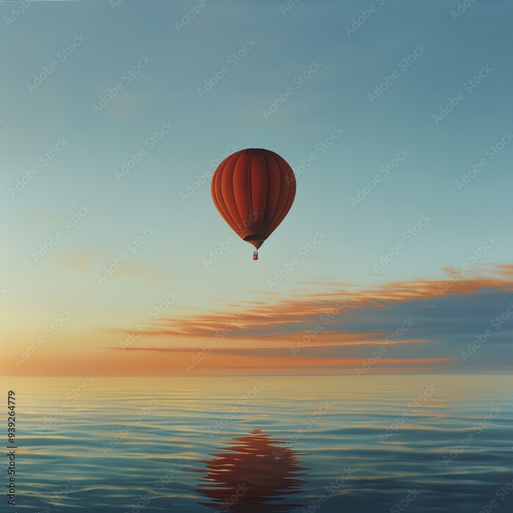 A red hot air balloon floats serenely over calm ocean waters at sunset, reflecting beautifully on the tranquil surface. A red hot air balloon floats serenely over calm ocean waters at sunset, reflecting beautifully on the tranquil surface.