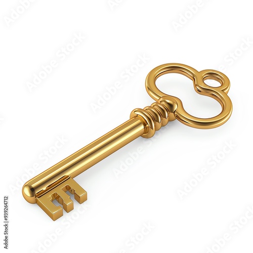 A shiny golden key with intricate design on the handle, symbolizing security, access, and opportunity. Isolated on a white background.