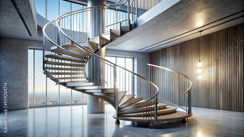 Winding spiral staircase rises upward in a modern, sleek design, featuring gleaming metal rails and minimalist steps that seem to float in mid-air. photo