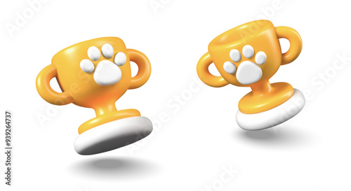 Gold cup with paw print. Vector metal trophy on white background