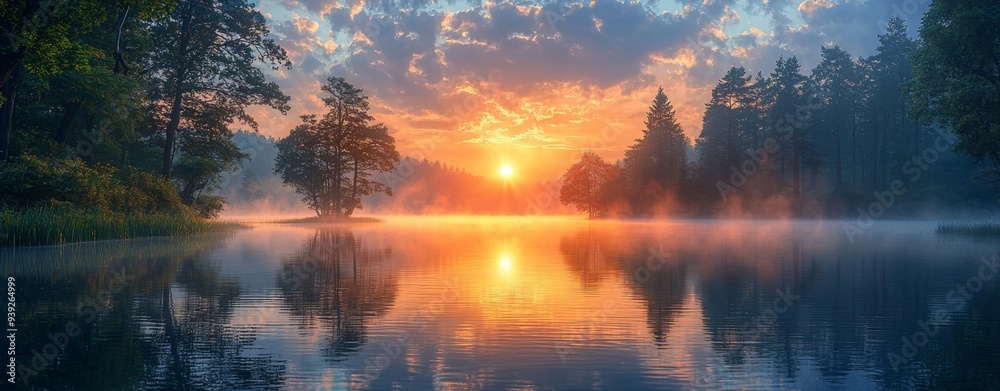 A calm sunset over a serene lake with the orange glow reflecting on the water surrounded by trees and a soft blue sky with scattered clouds A calm sunset over a serene lake with the orange glow reflecting on the water surrounded by trees and a soft blue sky with scattered clouds