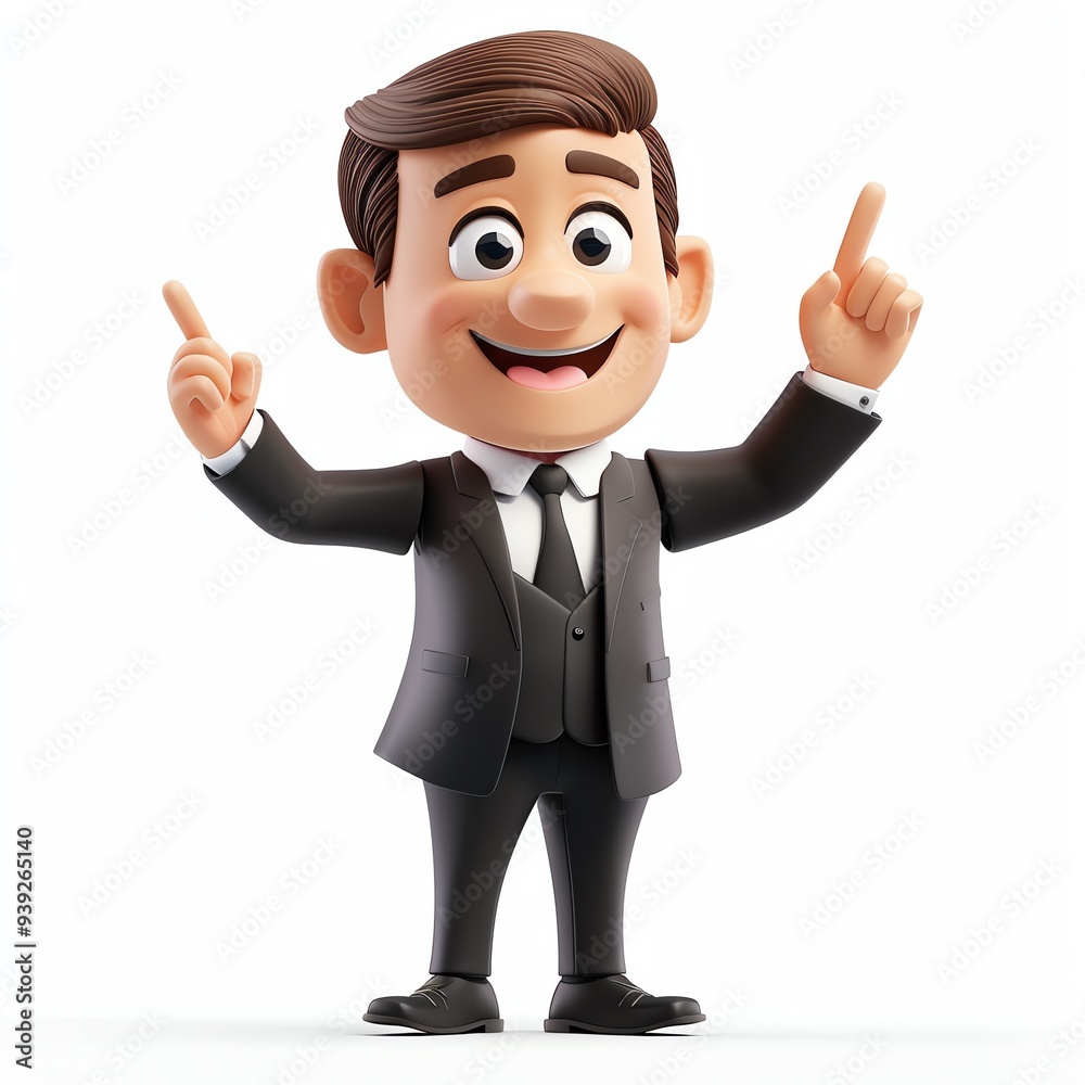 3D rendered cartoon businessman character in suit pointing upward, expressing positivity and enthusiasm, isolated on white background. 3D rendered cartoon businessman character in suit pointing upward, expressing positivity and enthusiasm, isolated on white background.