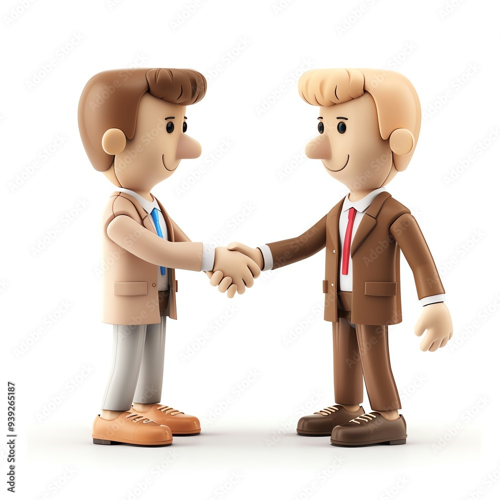3D illustration of two businessmen figurines shaking hands, signifying agreement, partnership, or successful business deal in a professional setting. 3D illustration of two businessmen figurines shaking hands, signifying agreement, partnership, or successful business deal in a professional setting.