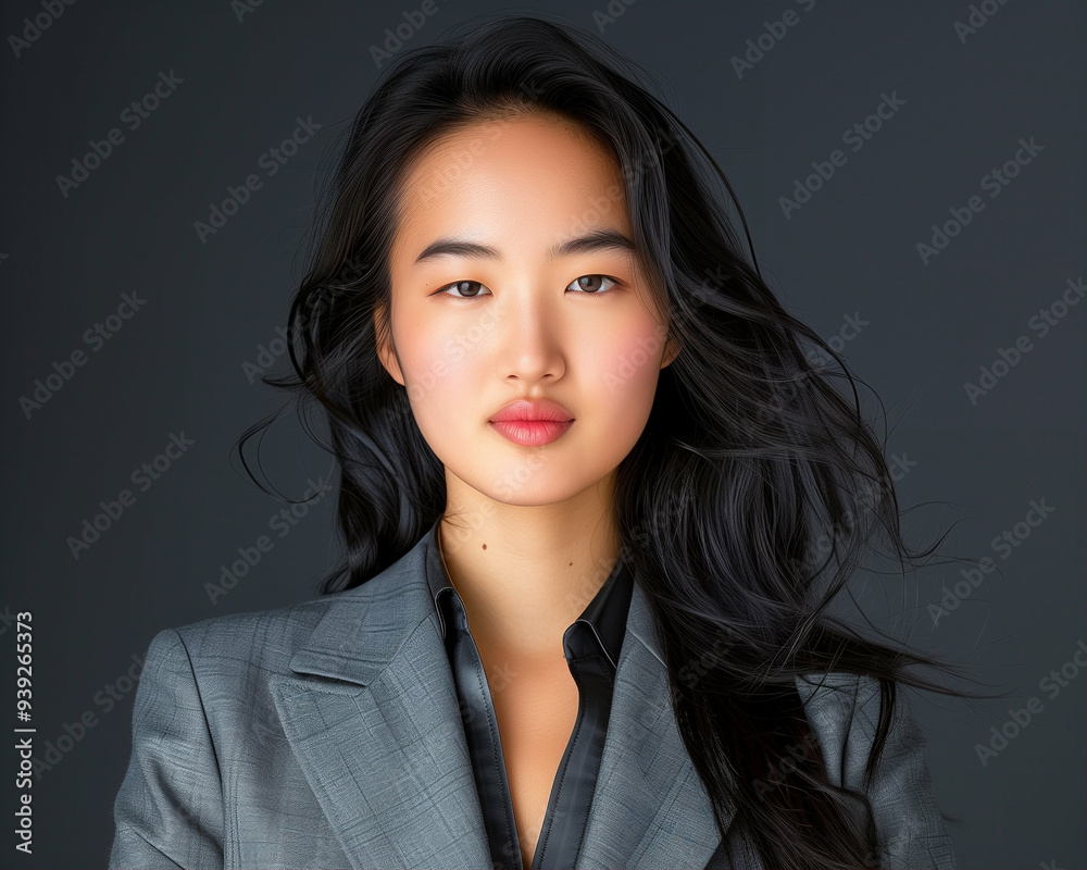 Professional Woman in Business Portrait with Long Hair and Grey Suit. Captivating Business Attire and Confidence in Modern Style Professional Woman in Business Portrait with Long Hair and Grey Suit. Captivating Business Attire and Confidence in Modern Style