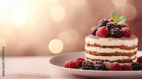 A small tiramisu dessert with fresh berries, on a gray plate against a warm bokeh background.