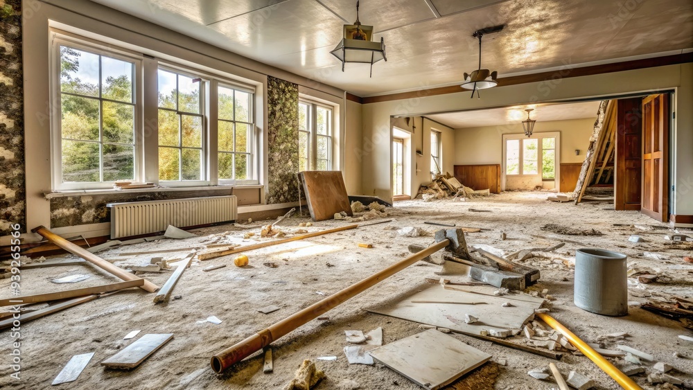 Wrecking bar and debris scattered on floor amidst torn drywall, ripped carpet, and shattered fixtures in a partially demolished residential interior scene. Wrecking bar and debris scattered on floor amidst torn drywall, ripped carpet, and shattered fixtures in a partially demolished residential interior scene.