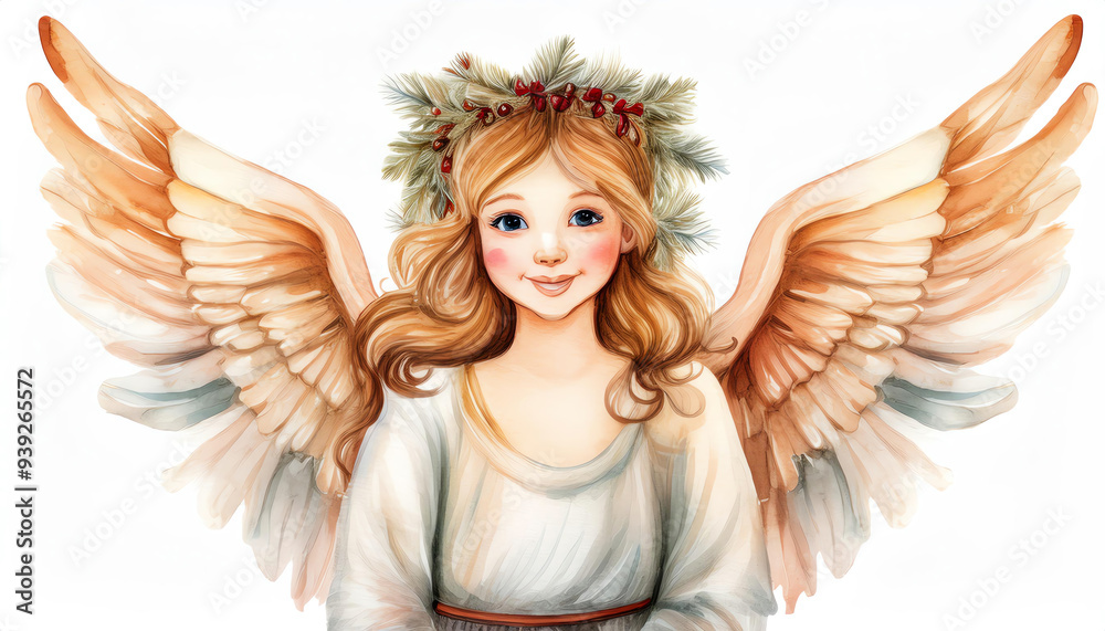 Fototapeta premium Beautiful watercolor illustration of a smiling angel with golden hair, wearing a floral crown and white gown, radiating warmth and serenity.