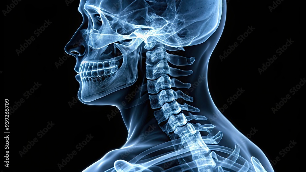 X-ray image of human neck showing seven cervical vertebrae in alignment, showcasing the natural curvature of the spine and vertebral disc spaces. X-ray image of human neck showing seven cervical vertebrae in alignment, showcasing the natural curvature of the spine and vertebral disc spaces.