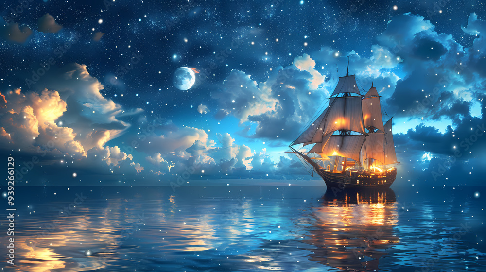 Obraz premium Sailing old ship in calm sea - Night sky with moon in the clouds