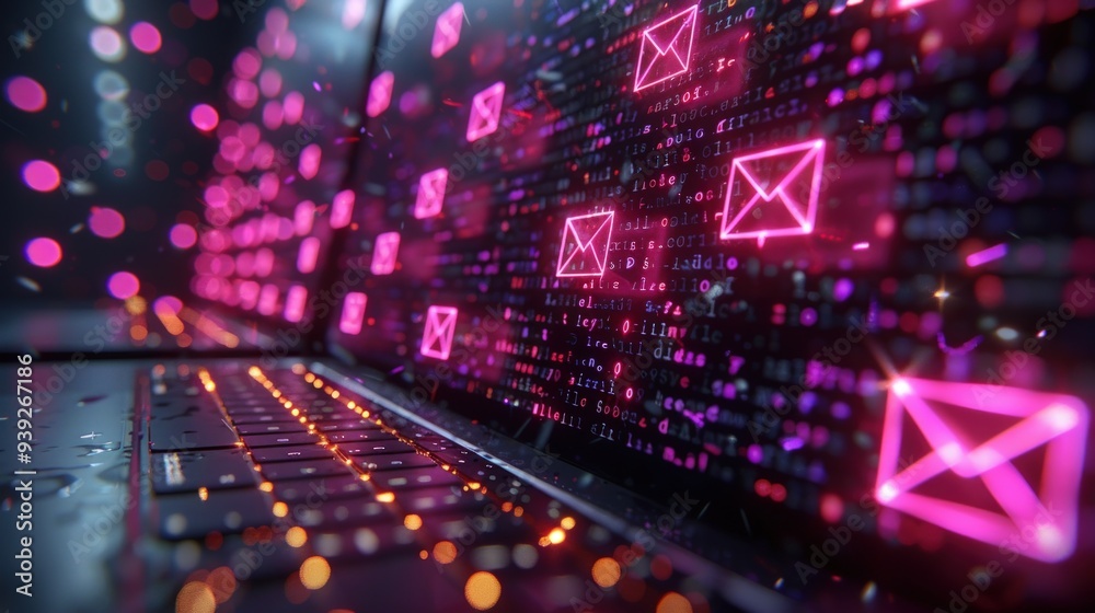 A close up of a laptop with neon pink mail icons glowing on the screen. A close up of a laptop with neon pink mail icons glowing on the screen.