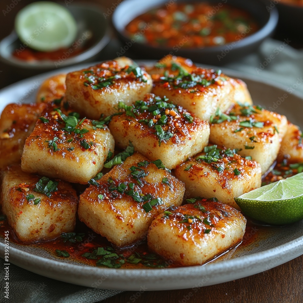 Fried Tofu with Chili Sauce, Green Onion, and Lime - Food Photography Fried Tofu with Chili Sauce, Green Onion, and Lime - Food Photography