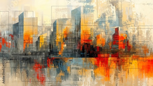 Abstract Cityscape with Geometric Lines and Vibrant Colors in a Modern Urban Digital Art Style.