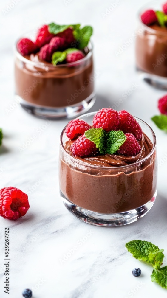 Close-up of three glass dessert cups filled with chocolate mousse topped with fresh raspberries and mint leaves. Close-up of three glass dessert cups filled with chocolate mousse topped with fresh raspberries and mint leaves.
