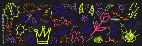 Collection of hand drawn crayon doodle shapes in punk and girly style. Colorful vector illustration.