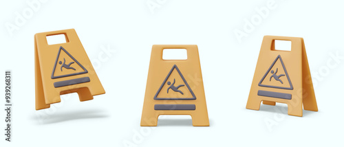 Yellow folding sign with falling man. Be careful, slippery floor. Inventory for cleaning service