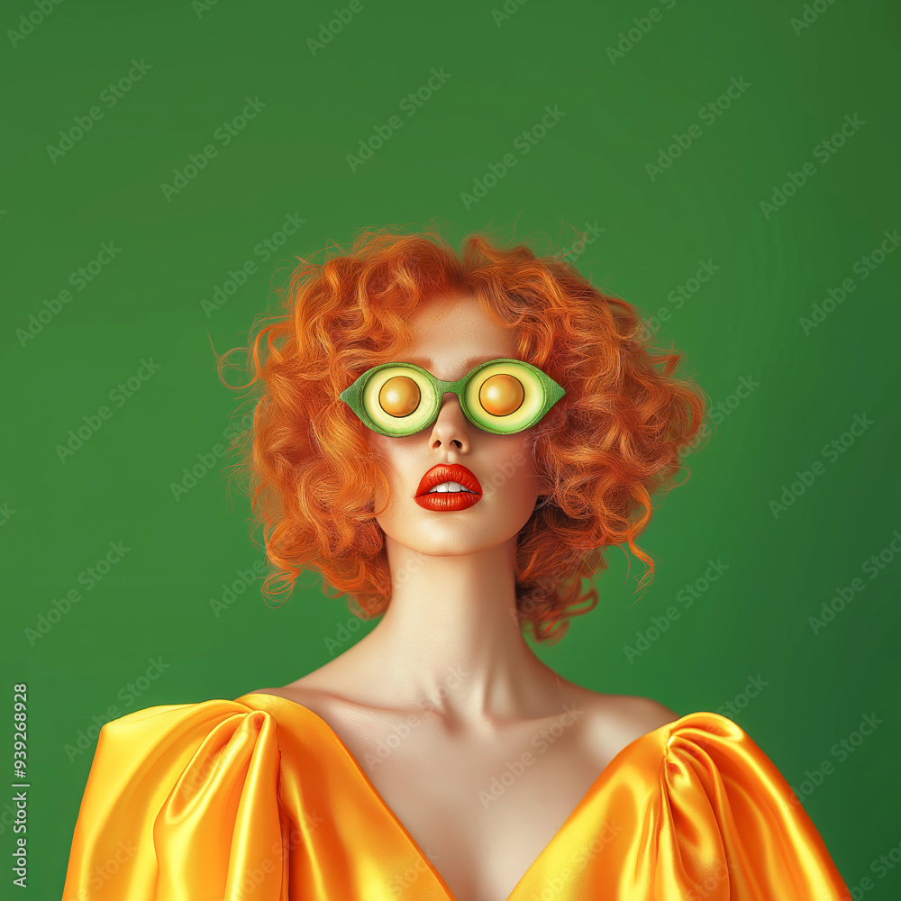 A unique and unusual minimalist portrait of a beautiful and confident girl with curly orange hair, wearing glasses made from avocados, against a monochromatic background A unique and unusual minimalist portrait of a beautiful and confident girl with curly orange hair, wearing glasses made from avocados, against a monochromatic background
