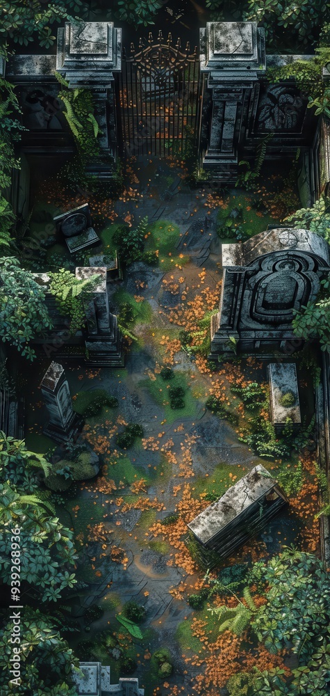 Obraz premium Aerial view of ancient stone ruins covered in lush greenery and fallen leaves, evoking a sense of mystery and exploration.