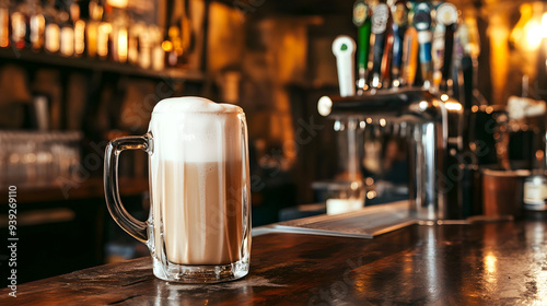 Mug of draft beer with foam in a cozy pub setting