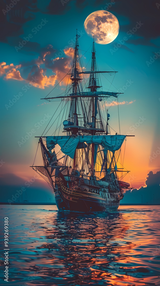 Obraz premium Sailing old ship in calm sea - Night sky with moon in the clouds