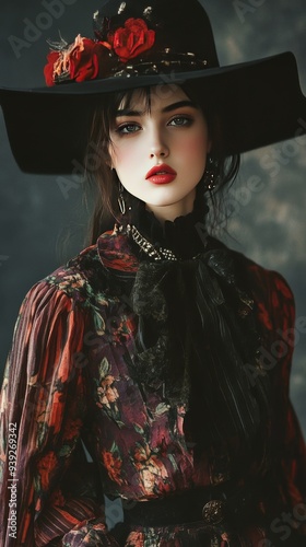 This elegant image shows a woman dressed in a Victorian-style floral dress and wide-brim hat adorned with roses, set against a dark, moody backdrop. photo