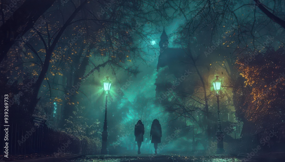 Two figures walking through a misty, eerie park at night with dim streetlights and a spooky gothic building in the background. Two figures walking through a misty, eerie park at night with dim streetlights and a spooky gothic building in the background.