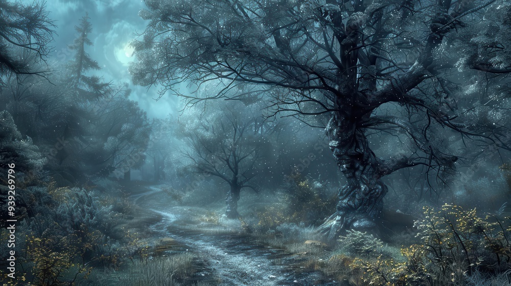 Eerie, misty forest path with large, ancient trees on a gloomy morning, creating a mysterious and captivating atmosphere. Eerie, misty forest path with large, ancient trees on a gloomy morning, creating a mysterious and captivating atmosphere.
