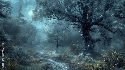 Eerie, misty forest path with large, ancient trees on a gloomy morning, creating a mysterious and captivating atmosphere.