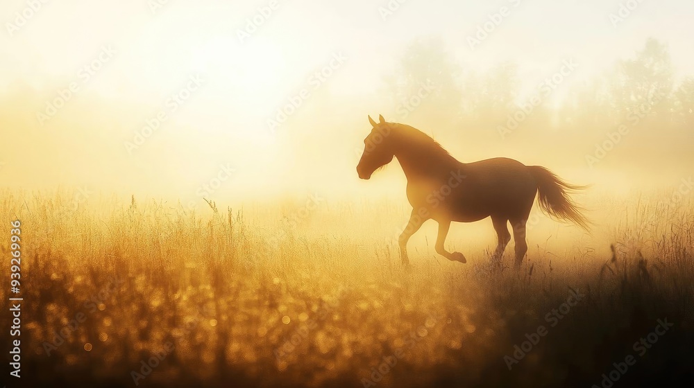 A majestic horse galloping through a misty golden field at sunrise, embodying freedom and tranquility in nature. A majestic horse galloping through a misty golden field at sunrise, embodying freedom and tranquility in nature.