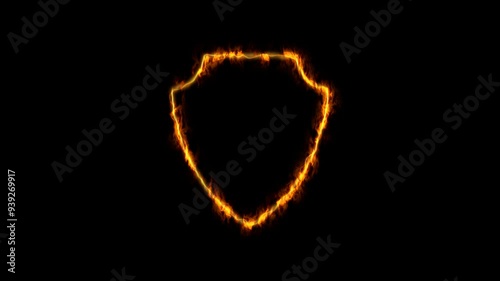 Transparent background with shield on fire, coat of arms in flame, emblem burning, time motion, animated video on transparent background, alpha channel, no plugins used