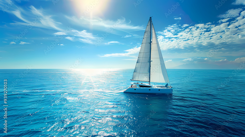 Obraz premium Aerial drone ultra wide photo of Yacht catamaran sailing on the sea with clear blue sky